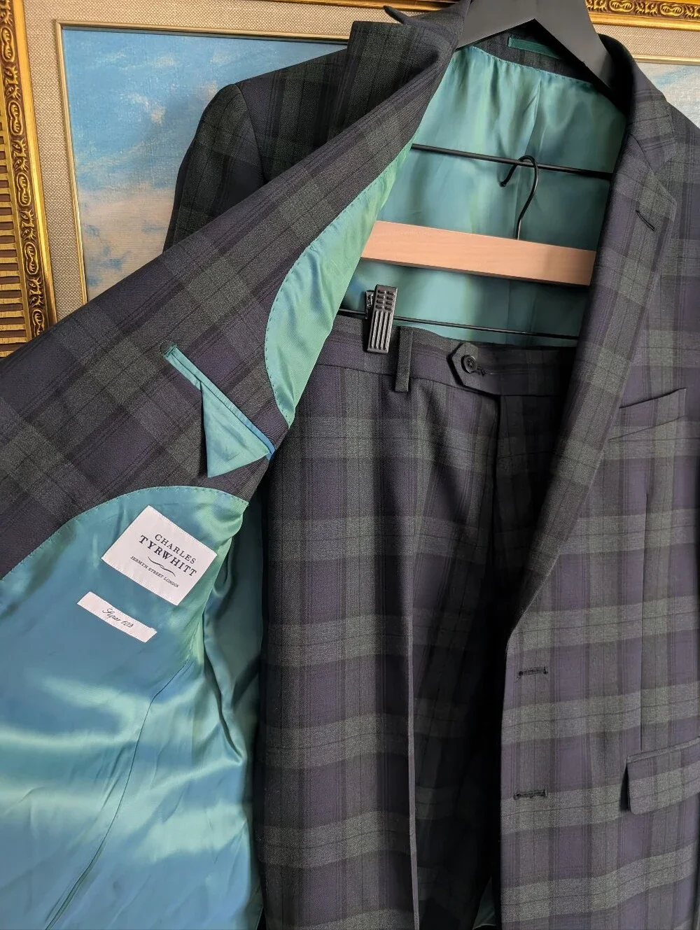 NWOT Charles Tyrwhitt Full Navy and Dark Green Super 100s Plaid Suit